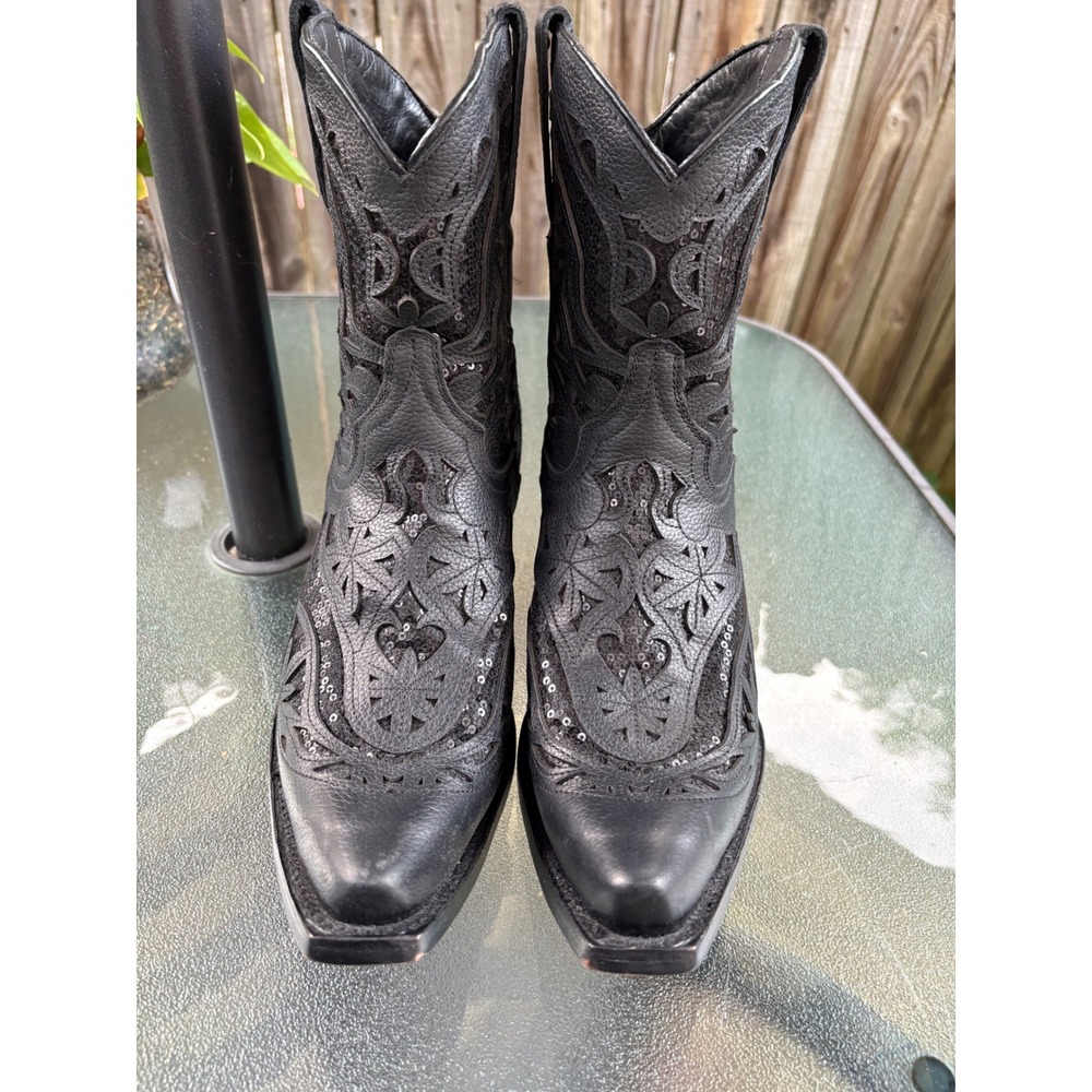 JB Dillon Reserve Womens Black Leather Sequin Filigree Western Cowboy Boots 12 B